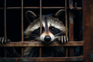 Poster - A raccoon peering out from a wire trap, captured for relocation.