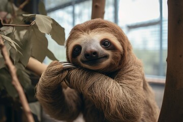 Poster - A sad-looking sloth in an enclosure at a rescue center, clinging to a tree branch.