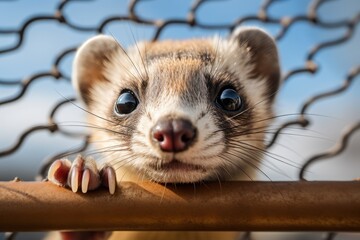 Poster - A caged ferret curiously peering out from between the metal wires of its enclosure.