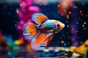Poster - A colorful tropical fish swimming in a small aquarium, its movement restricted by the glass walls.