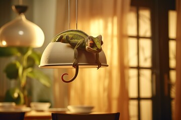 Poster - A chameleon clinging to a hanging light fixture in a dining room, blending into its surroundings.
