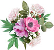 Pink roses, anemone and peony isolated on a transparent background. Png file.  Floral arrangement, bouquet of garden flowers. Can be used for invitations, greeting, wedding card.