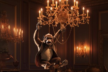 Poster - A playful monkey swinging from the chandelier in an elegant dining room, causing a commotion.