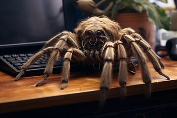 Aufkleber - A tarantula resting on a laptop keyboard in a home office, its hairy legs stretching across the keys.