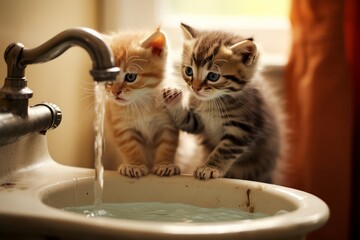 Aufkleber - A trio of kittens exploring a bathroom sink, their tiny paws making it difficult to turn on the faucet.