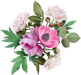 Wall Mural - Pink roses, anemone and peony isolated on a transparent background. Png file.  Floral arrangement, bouquet of garden flowers. Can be used for invitations, greeting, wedding card.