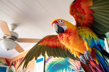 Aufkleber - A colorful parrot perched on a ceiling fan inside a bedroom, its vibrant feathers contrasting with the decor.