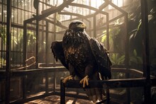 A Majestic Eagle Perched In A Large Aviary Cage, With Its Wings Folded Against The Bars.