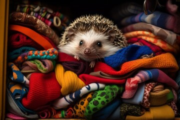 Poster - A hedgehog snuggled inside a sock drawer, curled up among colorful socks.
