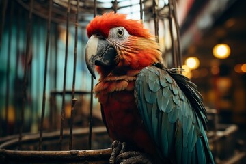 Aufkleber - A distressed-looking parrot in a metal cage, its vibrant feathers contrasting with the enclosure.