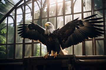 Poster - A majestic eagle perched in a large aviary cage, with its wings folded against the bars.