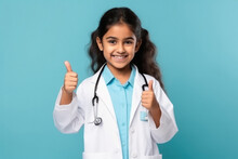 Cute Indian Little Girl Child Showing Thumps Up In Doctor Uniform.