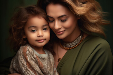 Wall Mural - Young indian woman with her little daughter smiling.