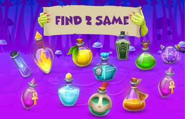 Aufkleber - Find two same Halloween potion bottles in magic forest, kids game vector worksheet. Halloween puzzle quiz, matching game with cartoon glass bottles, flasks and jars of witch potion and alchemy elixir