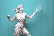 Marble statue of an ancient Greek goddess doing sports on pastel background. Tennis player sculpture. Beauty standards, ideal body, sports activity, fitness, sports advertising concept. Generative AI