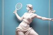 Marble statue of an ancient Greek goddess doing sports on pastel background. Tennis player sculpture. Beauty standards, ideal body, sports activity, fitness, sports advertising concept. Generative AI