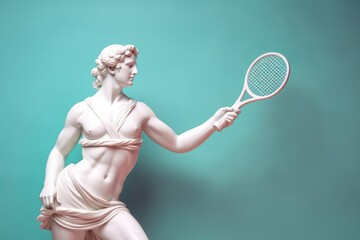 Marble statue of an ancient Greek goddess doing sports on pastel background. Tennis player sculpture. Beauty standards, ideal body, sports activity, fitness, sports advertising concept. Generative AI