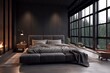 Dark loft master bedroom with large windows. luxury studio apartment in a loft style in dark colors, trendy gray minimalistic interior, king-size bed, Generative AI