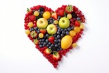 Fototapeta Tęcza - Heart shape made of different fruits and berries isolated on white background. Heart symbol. Fruit diet and healthy organic food concept. Generative AI