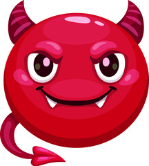 Wall Mural - Cartoon Halloween devil emoji, depicts a mischievous, grinning face with devilish horns and a sinister smile, used to convey playful or wicked intent in messages. Isolated vector red face of the imp