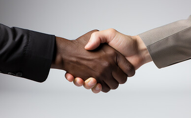 Black and white hand shaking.Close up view of business partnership handshake concept.Photo of two businessman handshaking process.Successful deal after great meeting.Horizontal,flare effect, 