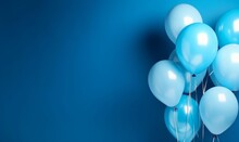 Blue Helium Balloons On Blue Background With Copy Space. Decoration For A Birthday Party, Concept Of Happiness, And Celebration. Blue Balloons, Background For Wedding, Anniversary. Generative AI