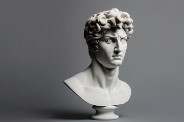 Gypsum statue of David's head. Michelangelo's David statue plaster copy on grey background with copyspace for text. Ancient greek sculpture, statue of, Generative AI