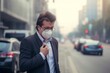 Business man wearing a mask and coughing on the street. Protection against air pollution and dust particles exceeds safety limits.PM2.5 unhealthy air pollution dust smoke in the city, Generative AI
