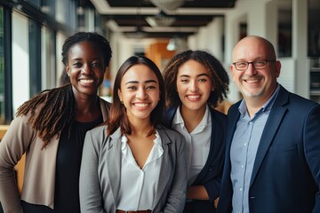 Portrait of a successful group of business people in a modern office looking at the camera. Multiethnic group of people smiling.