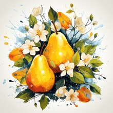 A Painting Of Two Yellow Pears Surrounded By Flowers. Imaginary Illustration.