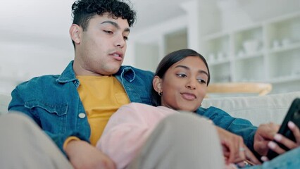 Poster - Phone, sofa and couple talking in home living room, bonding or relax together on social media app. Smartphone, conversation and man and woman in lounge, online shopping or streaming video on internet