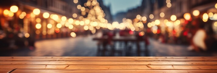 Empty table and blur Christmas market bokeh lights background, template