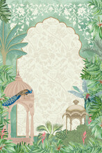 Tropical Mughal Garden With Peacock, Arch And Frame Hand Drawn Illustration For Invitation