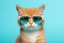 Playful Kitten Wearing Sunglasses On Blue Background. Animal, Cat, Cute Portrait, Fashion, Eyeglasses