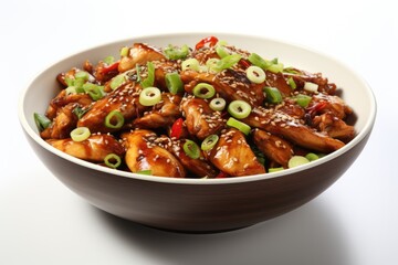 Wall Mural - A white bowl filled with meat and vegetables. Fictional image. Kung Pao chicken dish.