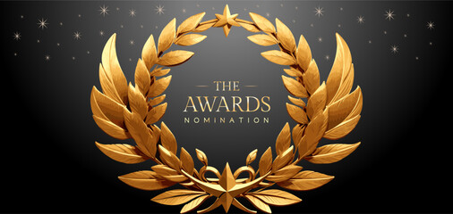 Golden laurel wreath winner award nomination background. 3d realistic design. Award concept background. Luxury premium corporate abstract design template.