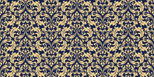 Wallpaper In The Style Of Baroque. Seamless Vector Background. Gold And Dark Blue Floral Ornament. Graphic Pattern For Fabric, Wallpaper, Packaging. Ornate Damask Flower Ornament