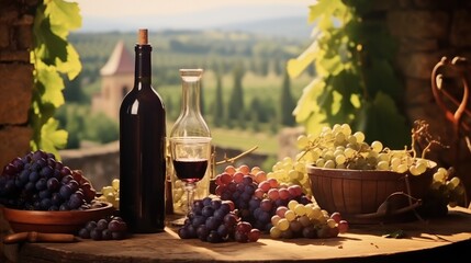 Bottles and wine glasses with grapes and barrel in nature background.