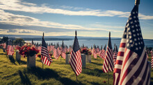 A Solemn Scene At A Military Cemetery, Rows Of Uniform White Headstones Surrounded By A Sea Of Flags, Honoring Those Who Served