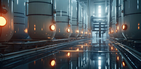 Poster - Large steel industrial tanks with metal pipes around in petrochemical plant industry factory.
