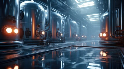 Poster - Large steel industrial tanks with metal pipes around, Inside hydrogen production industry factory.