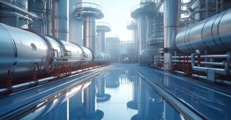 Poster - Large steel industrial tanks with metal pipes around, Inside hydrogen production industry factory.