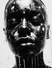 Black And White Portrait Of Bald Woman With Water Falling Down His Face. Generative AI