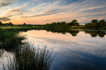 Wall Mural - sunset at embleton quarry nature reserve pond, a former whinstone quarry the new reserve is a tribut