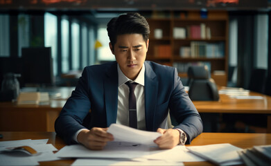 Aufkleber - Young Asian business man sitting at desk in office are checking corporate financial accounting documents feeling worried about taxes or bills.