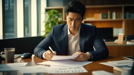 Aufkleber - Young Asian CEO manager are checking corporate financial accounting documents feeling worried about taxes in office.