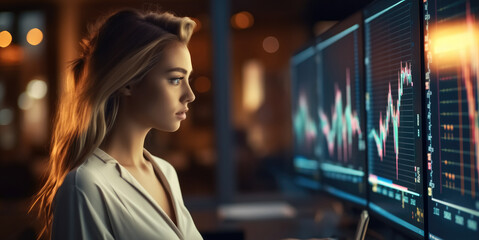 Leinwandbilder - Businesswoman analyzing company financial balance sheet working with digital virtual graphics, Investment finance concept.