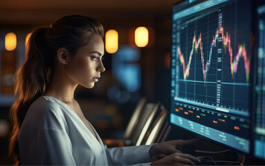 Leinwandbilder - Businesswoman analyzing company financial balance sheet working with digital virtual graphics, Investment finance concept.