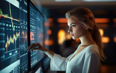 Leinwandbilder - Businesswoman analyzing company financial balance sheet working with digital virtual graphics, Investment finance concept.