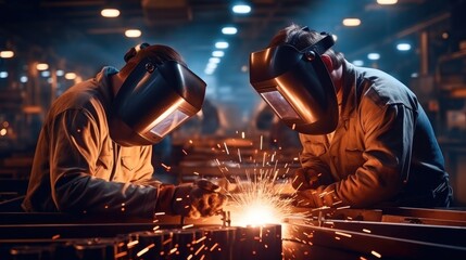 Poster - Two workers and welders who perform arc welding in industry factory.